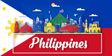 Filipinler Seyahat kartpostalı, poster, dünyaca ünlü simgelerin tanıtım turu. Vektör illüstrasyonları