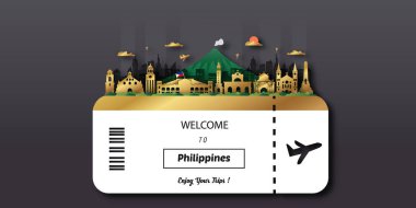Filipinler Seyahat kartpostalı, poster, dünyaca ünlü simgelerin tanıtım turu. Vektör illüstrasyonları