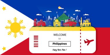 Filipinler Seyahat kartpostalı, poster, dünyaca ünlü simgelerin tanıtım turu. Vektör illüstrasyonları