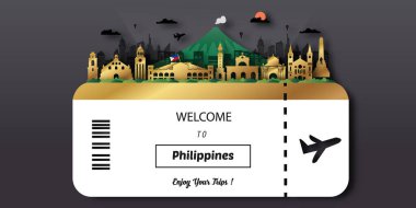 Filipinler Seyahat kartpostalı, poster, dünyaca ünlü simgelerin tanıtım turu. Vektör illüstrasyonları