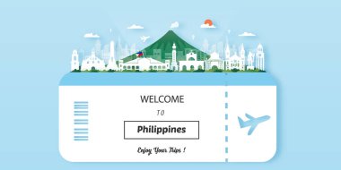 Filipinler Seyahat kartpostalı, poster, dünyaca ünlü simgelerin tanıtım turu. Vektör illüstrasyonları