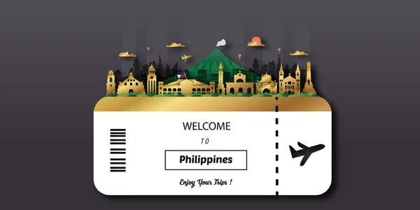 Filipiny Podróże Pocztówka Plakat Wycieczka Reklama Światowej Sławy Zabytków Ilustracje — Wektor stockowy