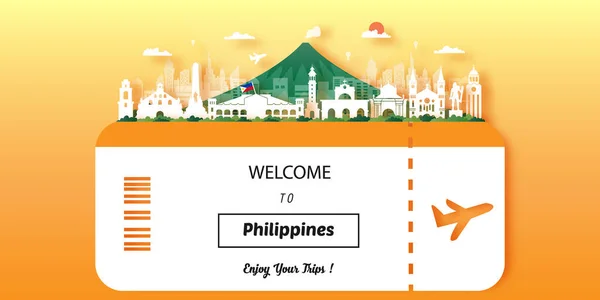 菲律宾旅游明信片 世界著名地标旅游广告 矢量图解 — 图库矢量图片