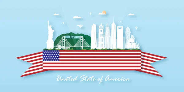 Usa Ameryka Podróże Pocztówka Plakat Zwiedzanie Reklamy Światowej Sławy Zabytków — Wektor stockowy