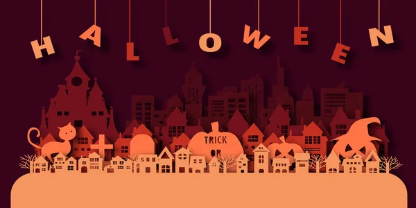 Feliz Halloween Town Con Arañas Calabazas Castillo Estilo Corte Papel — Vector de stock