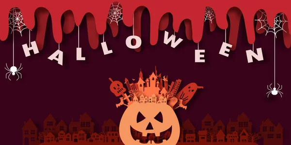 Feliz Halloween Town Con Arañas Calabazas Castillo Estilo Corte Papel — Vector de stock
