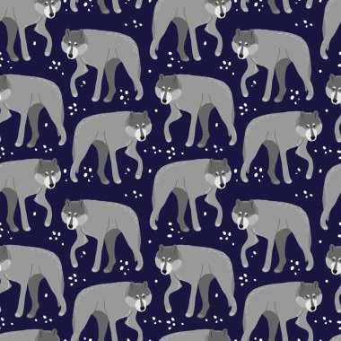 Bir kurt görüntüsüyle elle çizilmiş kusursuz bir desen. Çizgi film grafikleri. Çocuk tekstil ürünleri, duvar kağıdı, ambalaj kağıdı için dekor.