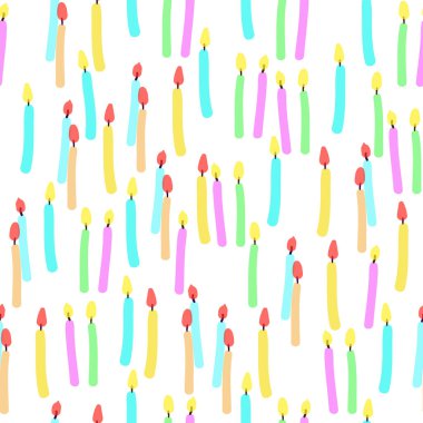 Çok renkli selamlama mumlarıyla kusursuz bir desen. Tekstil, duvar kağıdı veya ambalaj kağıdı dekorasyonu için el çizimi çocuk karikatürü grafikleri
