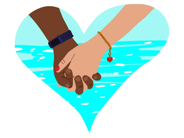 Bir kadın ve bir erkek eli görüntüsü olan romantik bir tebrik kartı. Çizgi filmlerde elle çizilmiş bir resim. Sevgi dolu çift.