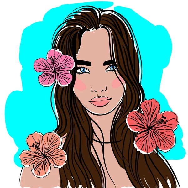 Eskiz stilindeki renk çizimi, uzun saçlı güzel bir kızın görüntüsüyle. Elle çizilmiş bir resim..