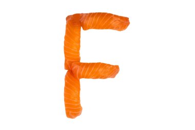 Suşi alfabesi beyaz arka planda izole edilmiş. Somon sashimi nigiri 'den 