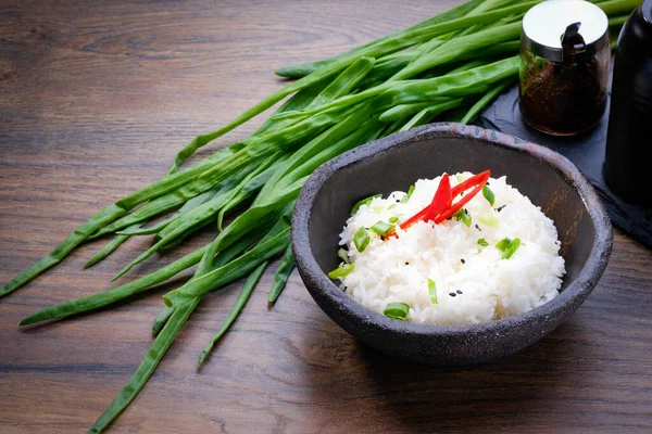 Cooked Jasmine Rice Bowl Wooden Table Background Boiled Organic Thai — Stock Photo, Image