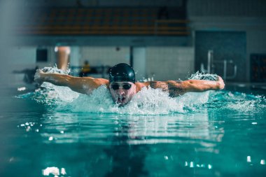 Bir genç atletik erkek pratik onun Yüzme tekniği ve hız içinde Kapalı Yüzme Havuzu.