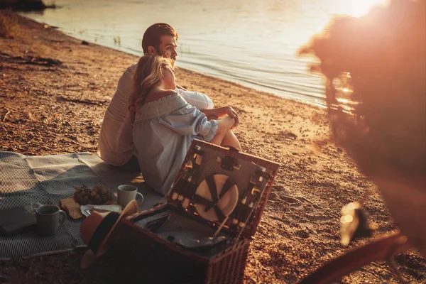 Lovely Young Couple Bonding Picnic Sunset — Stock Photo, Image