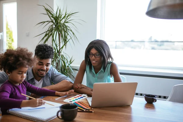 Happy Black Parents Helping Daughter Her Homework School — Stock Photo, Image