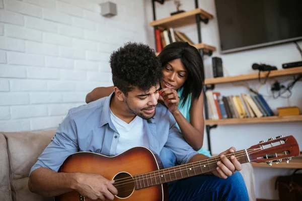 African American Young Couple Playing Guitar Together Home — Stock Photo, Image