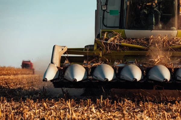 Eine Landwirtschaftliche Maschine Erntet Mais Auf Dem Feld — Stockfoto