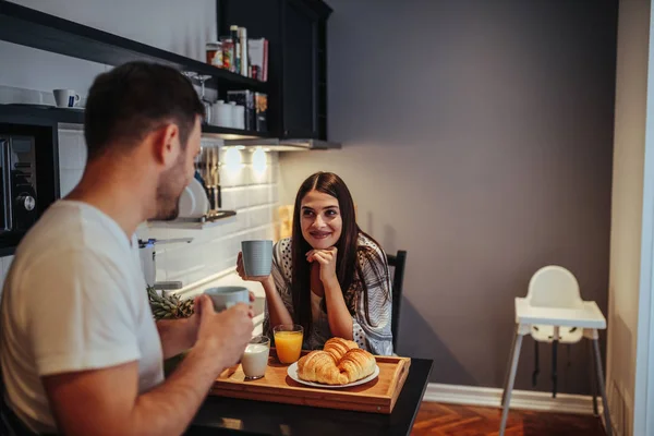 Happy Attractive Couple Spending Morning Together Coffee Breakfast — Stock Photo, Image