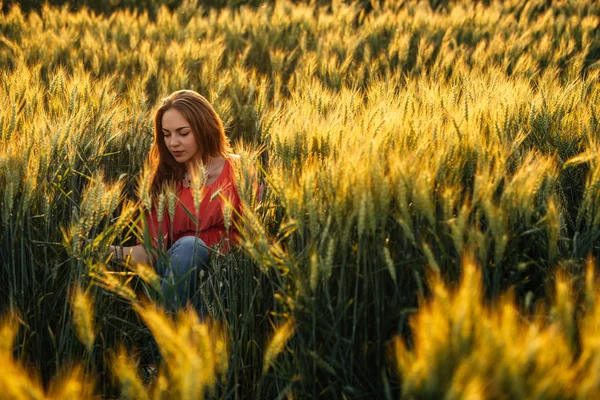 Bir Buğday Alan Genç Bir Kadında Doz Kırpılmış — Stok fotoğraf