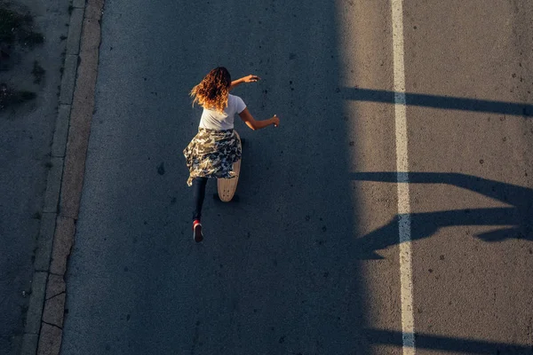 High Angle Woman Driving Long Board — Stock Photo, Image