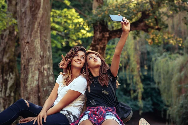 Glada Vänner Som Poserar För Selfie — Stockfoto