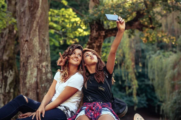 Amis Heureux Posant Pour Selfie — Photo