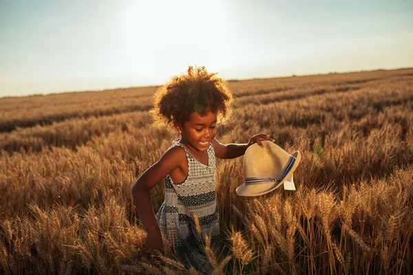 Ritratto Una Bella Ragazza Afroamericana Che Gioca Nei Campi Con — Foto Stock