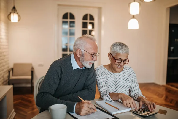 Una Coppia Anziana Felice Calcolando Loro Finanze Una Bella Casa — Foto Stock