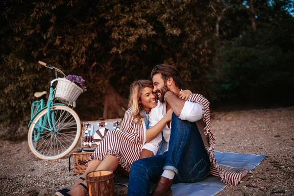 Couple Love Covered Blanket Enjoying Picnic Time Together — Stock Photo, Image