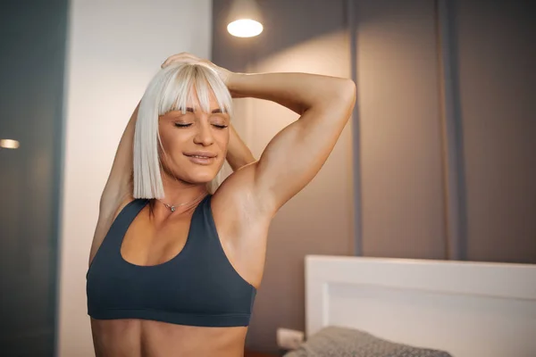 Young Attractive Woman Stretching Bedroom — Stock Photo, Image