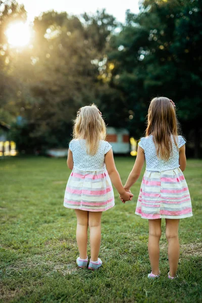 その手を繋いでいる 人の若い姉妹の背面図 — ストック写真