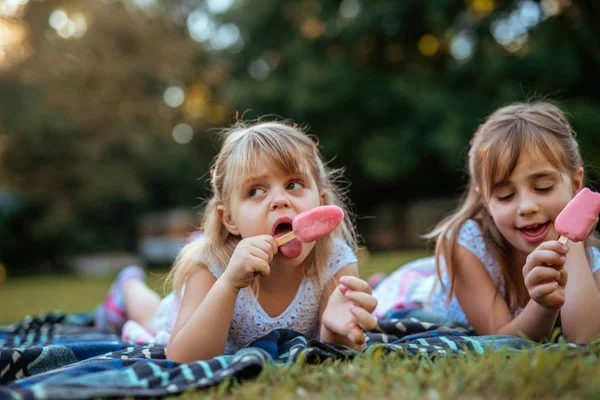 Närbild Porträtt Två Flicka Äter Glass Picknick — Stockfoto