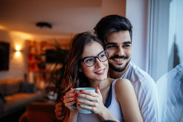 Portrait Happy Couple Enjoying Spending Morning Together Coffee Home — Stock Photo, Image