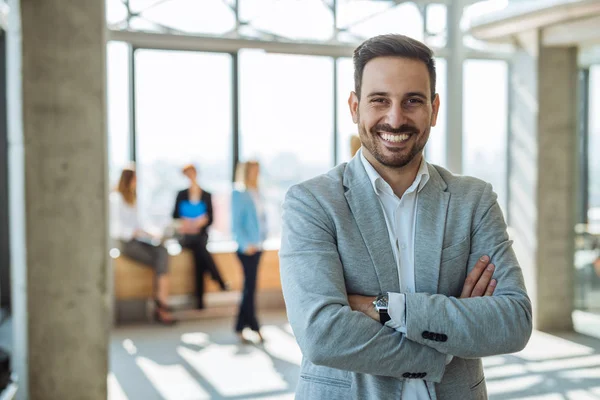 Portrait Smiling Handsome Businessman Crossed Arms — Stock Photo, Image