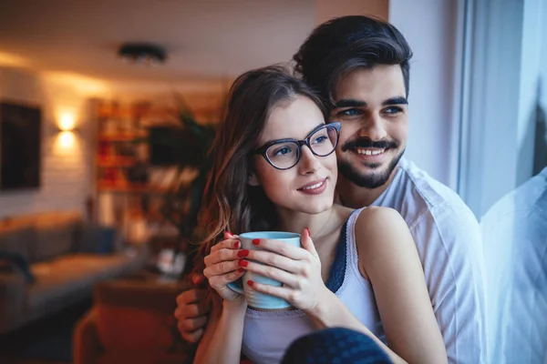 Portrait Happy Young Couple Cuddling Home — Stock Photo, Image