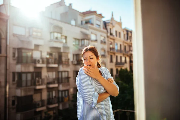 Portrait Young Woman Yawning Balcony Early Morning — Stock Photo, Image