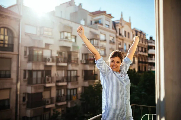 Beautiful Woman Stretching Her Arms Morning Balcony — Stock Photo, Image