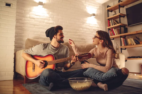 Handsome Man Playing Some Music Guitar His Girlfriend — Stock Photo, Image