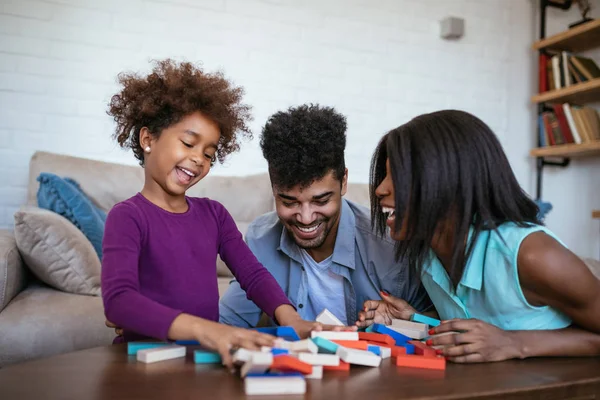 Portrait African American Family Having Fun Playing Jenga Home — Stock Photo, Image