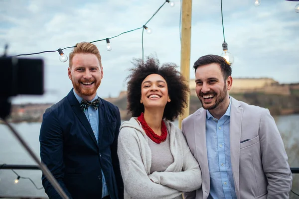 Photo Happy Three Friends Taking Photo Selfie Stick Stock Photo