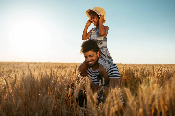 A handsome african american father piggybacking with his daughter in the wheat field.