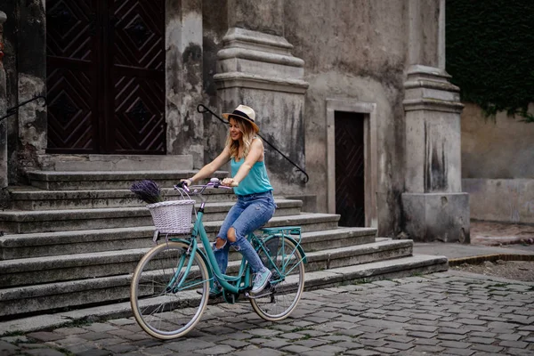 Full Length Portrait Wonderful Woman Riding Bicycle Basket Full Flowers — Stock Photo, Image