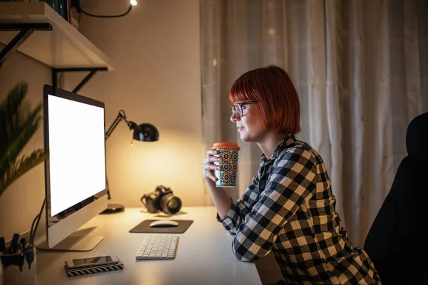 Portrait Young Business Woman Working Late Home Drinking Coffee — Stock Photo, Image