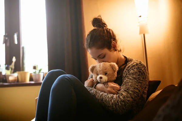 Portrait Sad Teenage Girl Hugging Teddy Bear — Stock Photo, Image