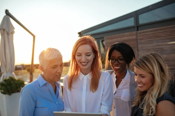 Mujeres Negocios Discutiendo Sobre Proyecto Atardecer — Foto de Stock