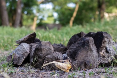 Yeşil çimenlerin arasında doğan şenlik ateşinden sonra yakılmış taşlar. Bulanık arkaplan ile yakın plan.