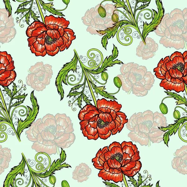 red orange poppies pattern green background isolate object