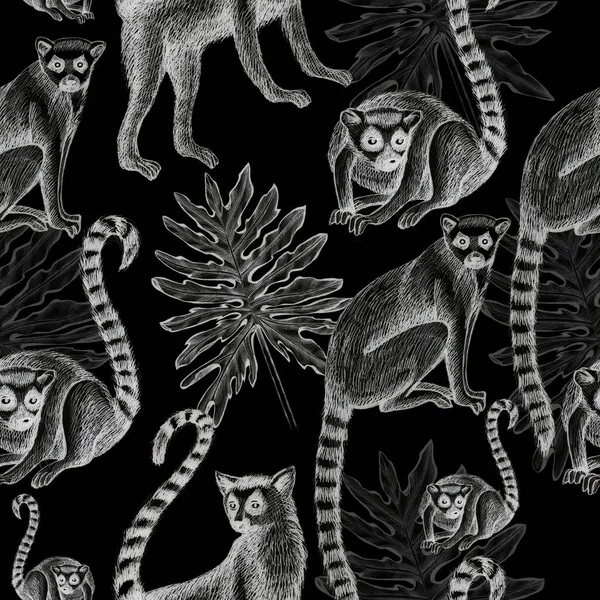 Lemurs Wzór Rysunek Sylwetka Tropikalne Zwierzęta Izolować Obiekt Czarny Tło — Zdjęcie stockowe