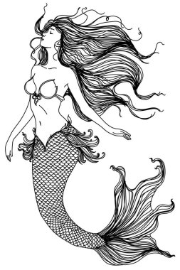 Dövme sanatı denizkızı el çizimi ve çizim siyah beyaz