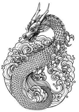 Dövmeli sanat ejderhası el çizimi.